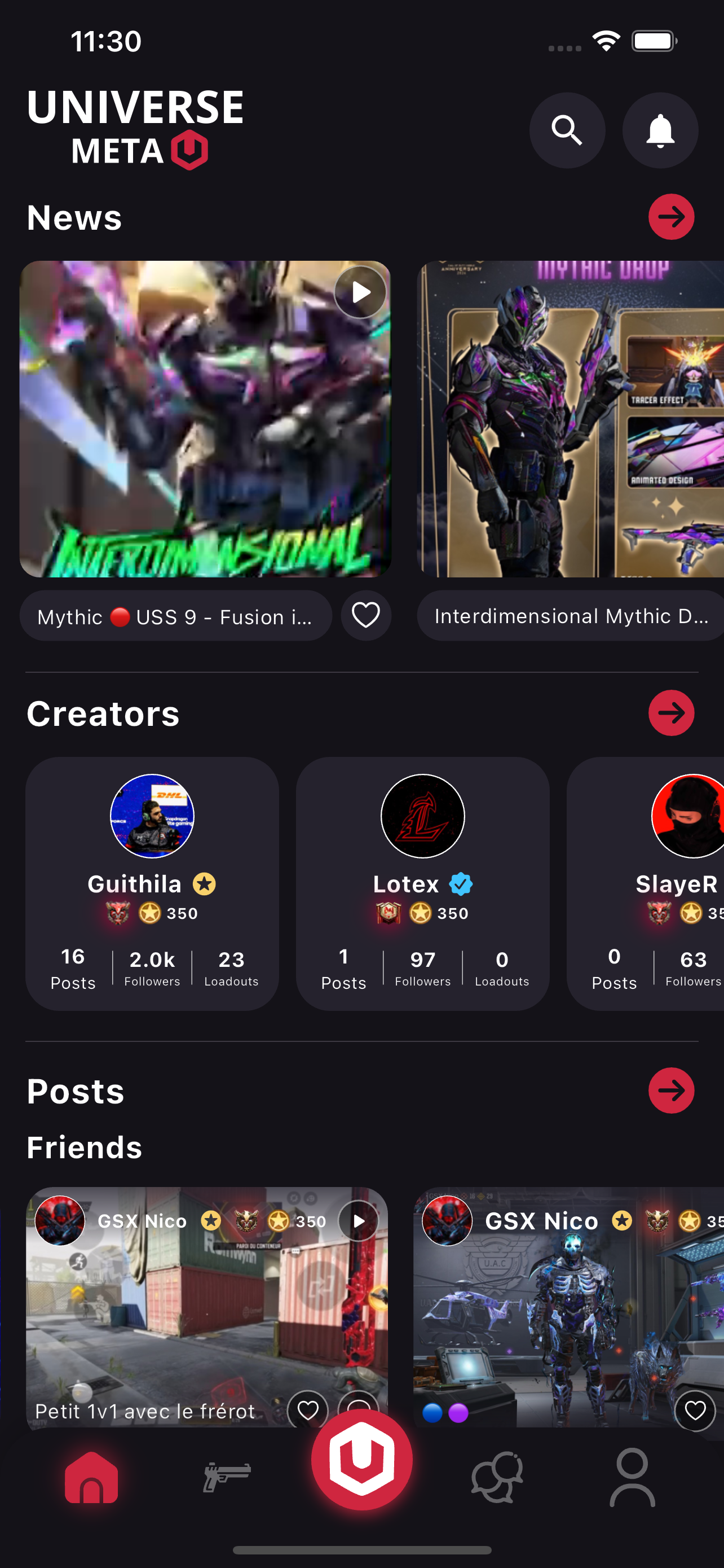 Universe Meta home screen showing news, creators and community posts